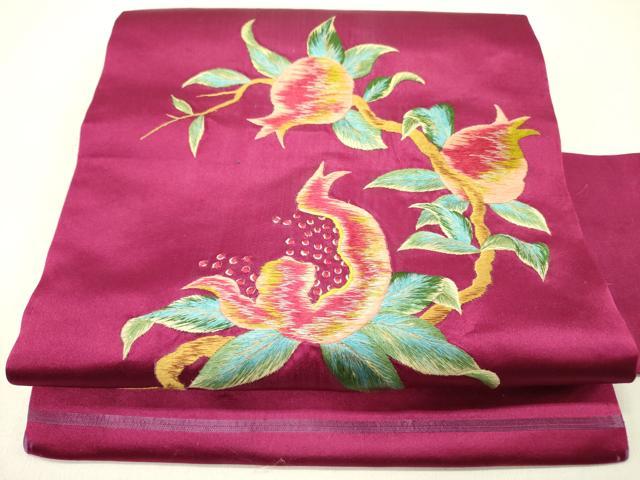平和屋着物●アンティーク 大正ロマン 九寸名古屋帯 総手刺繍 草花 正絹 逸品 DABD0340op
