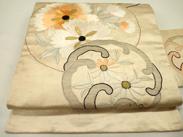 平和屋着物●アンティーク 大正ロマン 九寸名古屋帯 総手刺繍 源氏車花文 金銀糸 正絹 逸品 DABD0342op