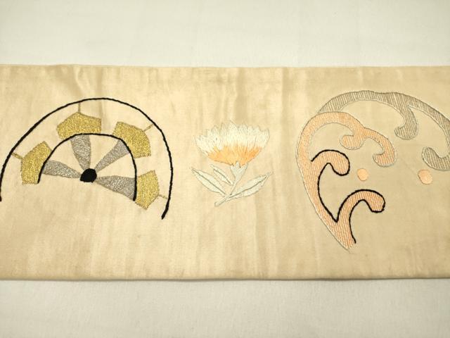 平和屋着物●アンティーク 大正ロマン 九寸名古屋帯 総手刺繍 源氏車花文 金銀糸 正絹 逸品 DABD0342op