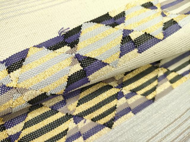 平和屋着物●八寸名古屋帯 すくい織 横段幾何学文 金糸 正絹 逸品 DABD0350op