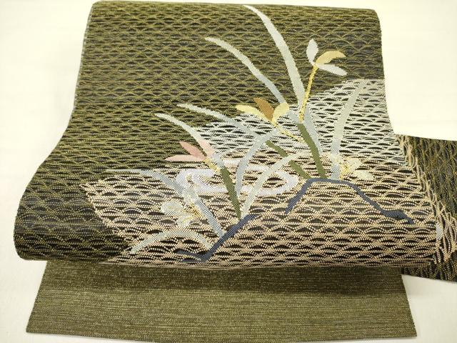 平和屋着物▽八寸名古屋帯 スリーシーズン 春夏秋 すくい織 草花 金糸 正絹 逸品 未使用 DABD0351op