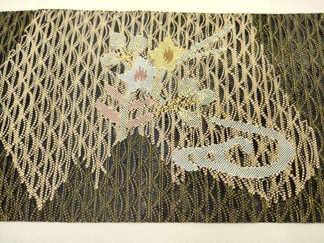 平和屋着物▽八寸名古屋帯 スリーシーズン 春夏秋 すくい織 草花 金糸 正絹 逸品 未使用 DABD0351op