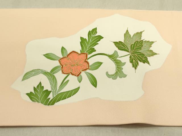 平和屋着物●塩瀬 九寸名古屋帯 更紗花文 金彩 正絹 逸品 DABD0432op