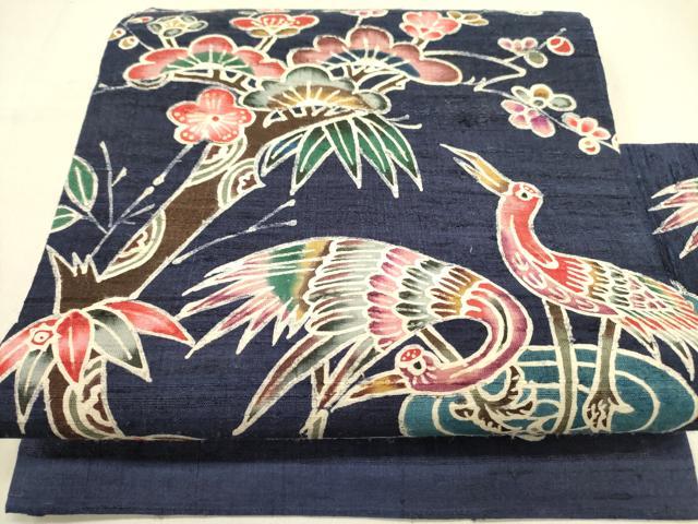 平和屋着物●藍染 ファッションデザイナー 坂東京子 九寸名古屋帯 生紬 花鳥松文 ろうけつ染め 正絹 逸品 DABD0434op