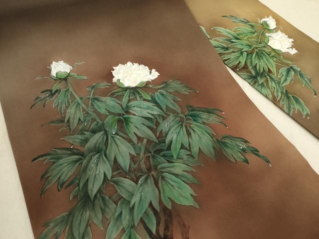 平和屋着物●塩瀬 九寸名古屋帯 草花 ろうけつ染め 正絹 逸品 DABD0436op