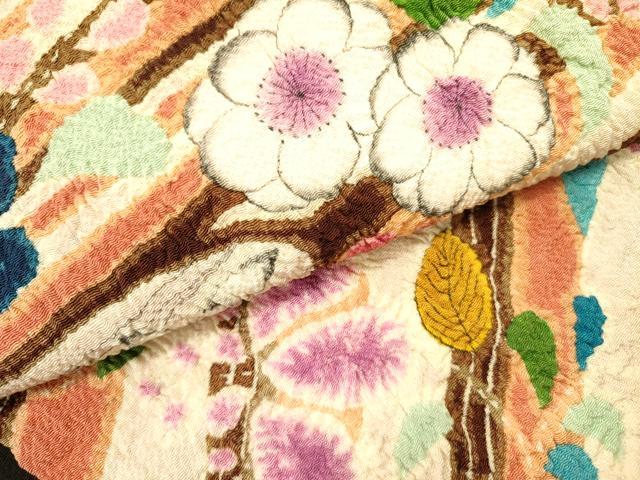 平和屋着物●九寸開き名古屋帯 作家物 絞り 辻が花 飛鶴花文 黒地 鬼しぼ縮緬 正絹 逸品 DABD0438op