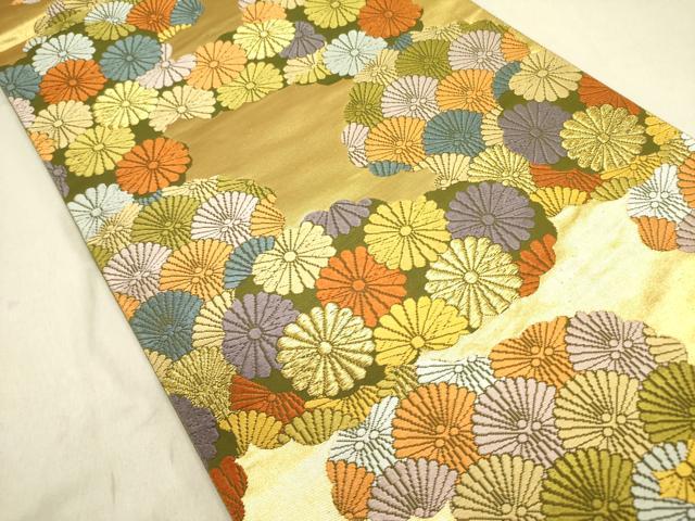 平和屋着物●六通柄袋帯 唐織 嘉祥松菊雲取文様 金糸 正絹 逸品 DABD0441op