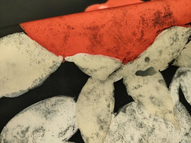 平和屋着物●九寸名古屋帯 作家物 草花 ろうけつ染め 黒地 逸品 DABD0462op