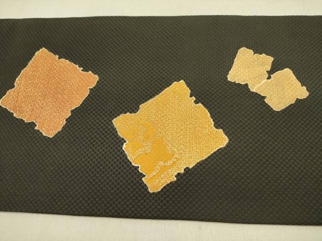 平和屋着物●九寸名古屋帯 刺繍 幾何学文様 黒地 金糸 正絹 逸品 DABD0466op