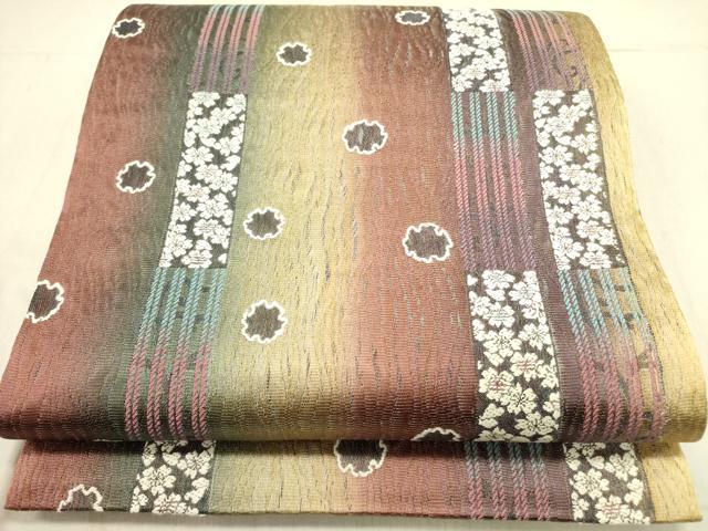 平和屋着物●六通柄袋帯 唐織 芭蕉系バンブー和紙織 舞桜 正絹 逸品 未使用 DABD0469op