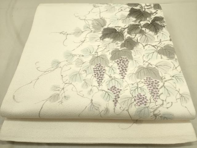 平和屋着物●着物作家 岡本龍三 全通柄袋帯 手描き 葡萄蔦の葉 正絹 逸品 DABD0474op