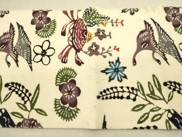 平和屋着物●本場琉球紅型 全通柄九寸名古屋帯 花鳥文 正絹 逸品 DABD0519op