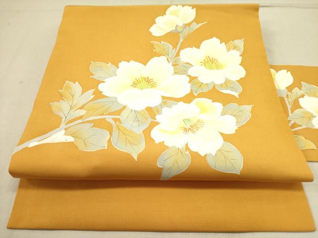 平和屋着物●塩瀬 九寸名古屋帯 手描き 草花 正絹 逸品 DABD0520op