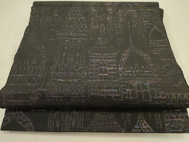平和屋着物●八寸名古屋帯 風景文 黒地 ラメ糸 正絹 逸品 DABD0521op