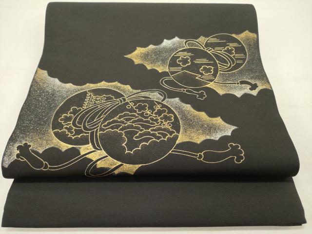 平和屋着物●塩瀬 九寸開き名古屋帯 花鼓文 黒地 金彩 正絹 逸品 DABD0533op