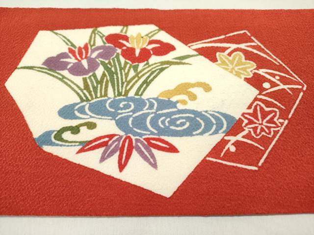 平和屋着物▼九寸名古屋帯 型染 花松文 鬼しぼ縮緬 正絹 逸品 DABD0547op