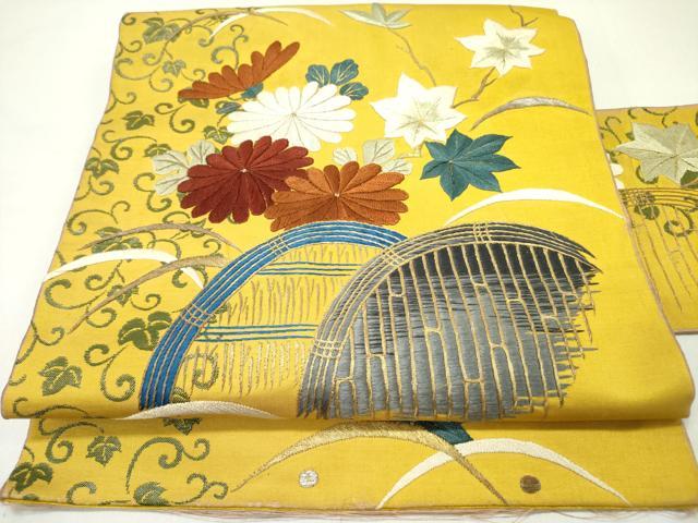 平和屋着物●アンティーク 大正ロマン 九寸名古屋帯 総刺繍 籬菊文 金銀糸 正絹 逸品 DABD0551op