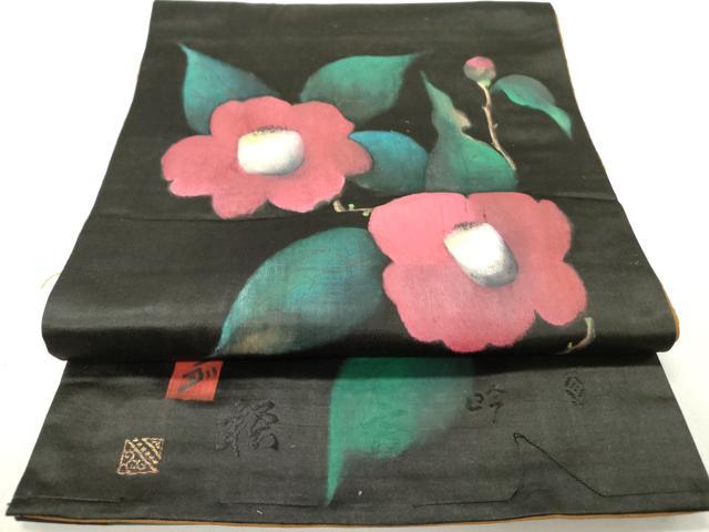 平和屋着物●アンティーク 大正ロマン 両面 太鼓柄京袋帯 草花 黒地 正絹 逸品 DABD0560op