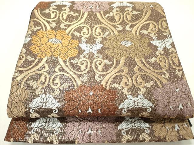 平和屋着物▽六通柄袋帯 スリーシーズン 春夏秋 唐織 舞蝶花文 金糸 正絹 逸品 DABD0570op