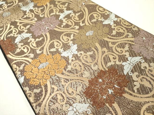 平和屋着物▽六通柄袋帯 スリーシーズン 春夏秋 唐織 舞蝶花文 金糸 正絹 逸品 DABD0570op