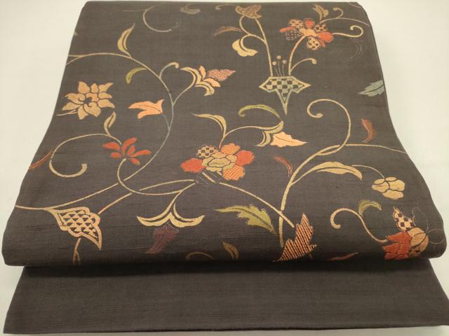 平和屋着物●太鼓柄袋帯 紬地 刺繍 更紗花唐草文 金糸 正絹 逸品 DABD0628op