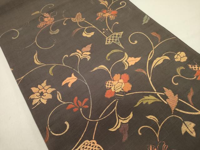 平和屋着物●太鼓柄袋帯 紬地 刺繍 更紗花唐草文 金糸 正絹 逸品 DABD0628op