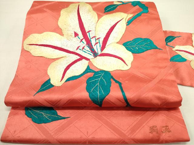 平和屋着物●アンティーク 大正ロマン 九寸名古屋帯 総手刺繍 草花 金糸 正絹 逸品 DABD0630op