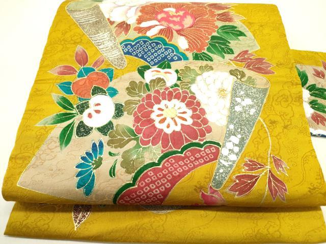 平和屋着物●アンティーク 大正ロマン 九寸名古屋帯 刺繍 地紙草花文 金彩 正絹 逸品 DABD0632op