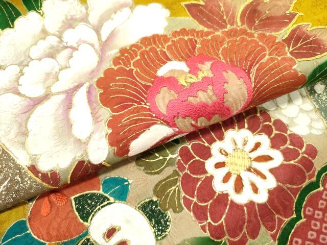 平和屋着物●アンティーク 大正ロマン 九寸名古屋帯 刺繍 地紙草花文 金彩 正絹 逸品 DABD0632op