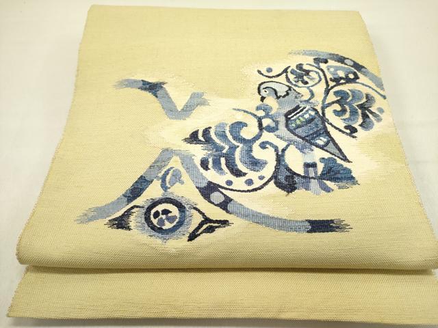 平和屋着物●八寸名古屋帯 本藍 すくい織 紬地 花鳥文 正絹 逸品 DABD0636op