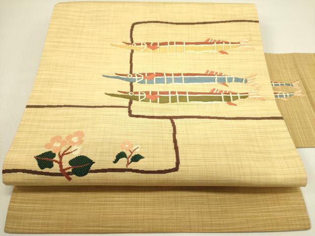 平和屋着物●九寸名古屋帯 紬地 魚 草花 正絹 逸品 DABD0719op