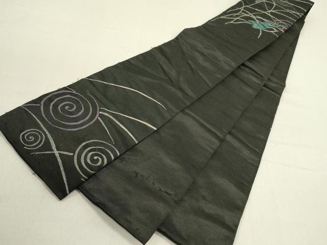 平和屋着物●アンティーク 大正ロマン 両面 半幅帯 総手刺繍 飛鳥文 黒地 正絹 逸品 DABD0802op