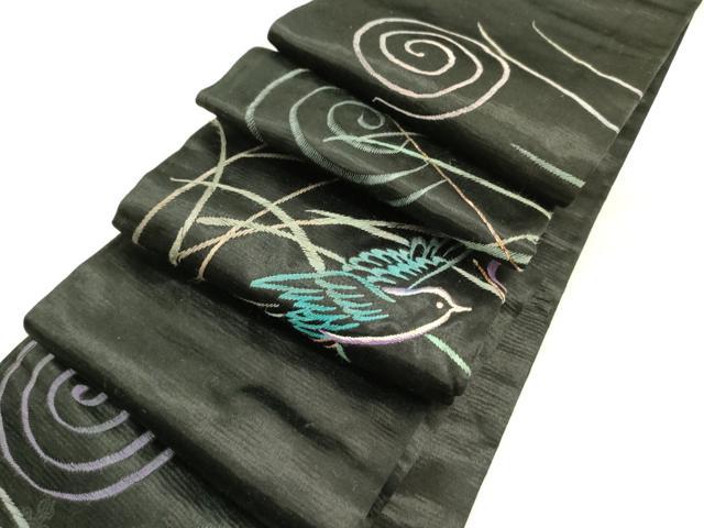 平和屋着物●アンティーク 大正ロマン 両面 半幅帯 総手刺繍 飛鳥文 黒地 正絹 逸品 DABD0802op