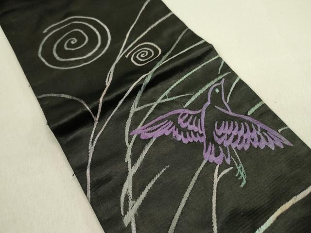 平和屋着物●アンティーク 大正ロマン 両面 半幅帯 総手刺繍 飛鳥文 黒地 正絹 逸品 DABD0802op