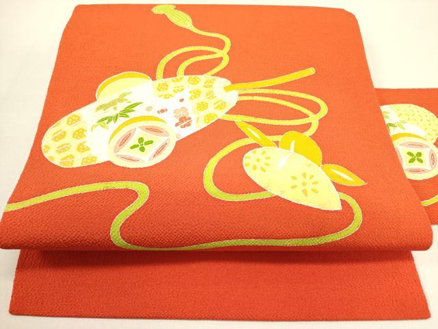 平和屋着物●九寸名古屋帯 刺繍 型染 器物文様 鬼しぼ縮緬 正絹 逸品 DABD0806op