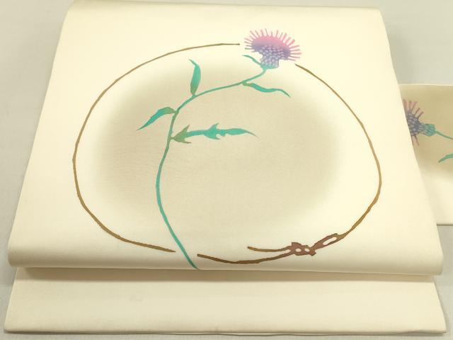 平和屋着物●染色作家 大久保直丸 塩瀬 九寸名古屋帯 草花 正絹 逸品 DABD0811op