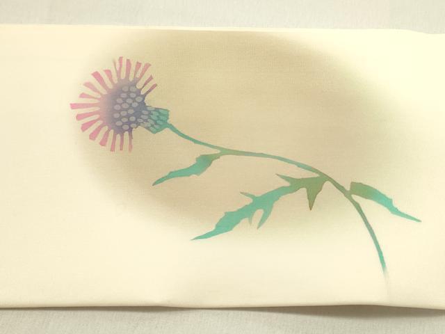 平和屋着物●染色作家 大久保直丸 塩瀬 九寸名古屋帯 草花 正絹 逸品 DABD0811op