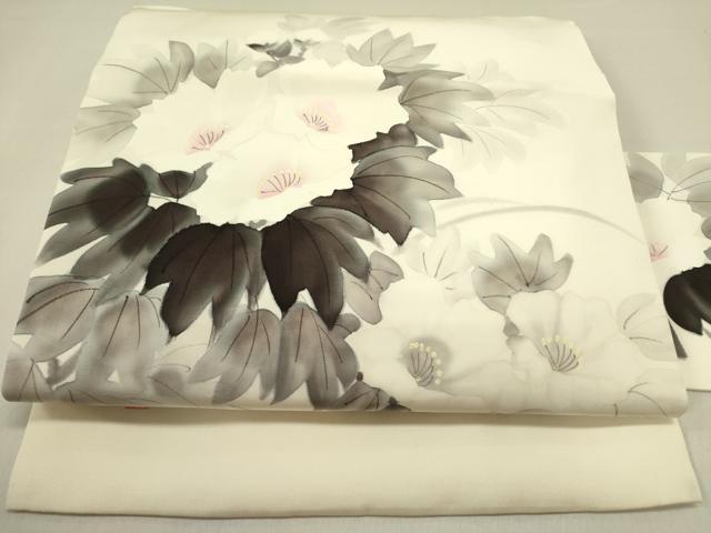 平和屋着物●塩瀬 九寸名古屋帯 作家物 手描き 草花 金彩 正絹 逸品 DABD0816op