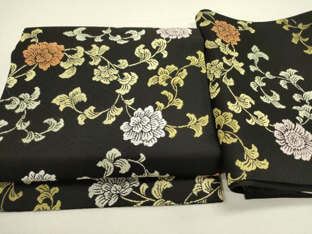 平和屋着物●つけ帯 唐織 更紗花文 黒地 正絹 逸品 DABD0819op