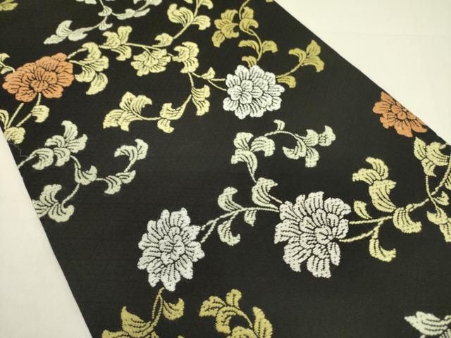 平和屋着物●つけ帯 唐織 更紗花文 黒地 正絹 逸品 DABD0819op