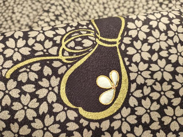 平和屋着物●九寸開き名古屋帯 駒刺繍 瓢箪花文 ひょうたん 金彩 正絹 逸品 DABD0822op