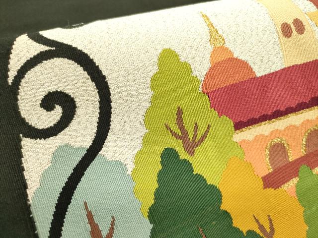 平和屋着物●爪掻き本綴れ 八寸名古屋帯 風景文 黒地 金糸 正絹 逸品 DABD0826op