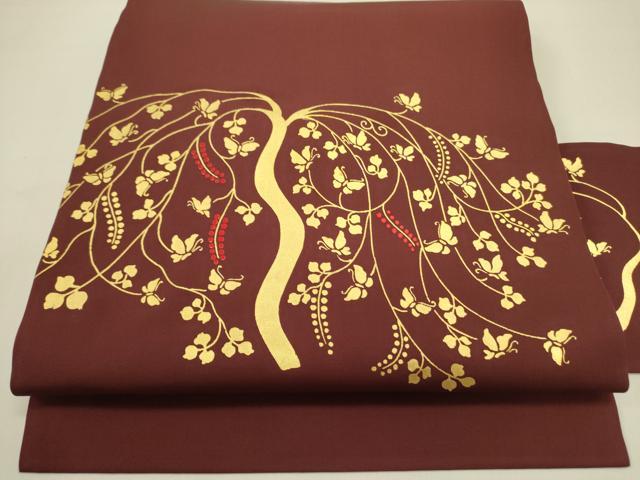 平和屋着物●塩瀬 九寸名古屋帯 舞蝶花文 金彩 正絹 逸品 DABD0831op
