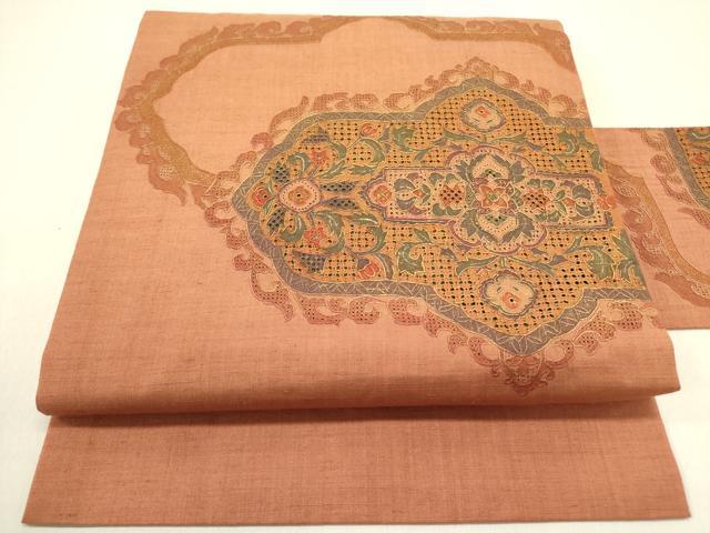 平和屋着物●中国三大刺繍 スワトウ刺繍 汕頭刺繍 総刺繍 九寸名古屋帯 紬地 洋花文 正絹 逸品 DABD0852op
