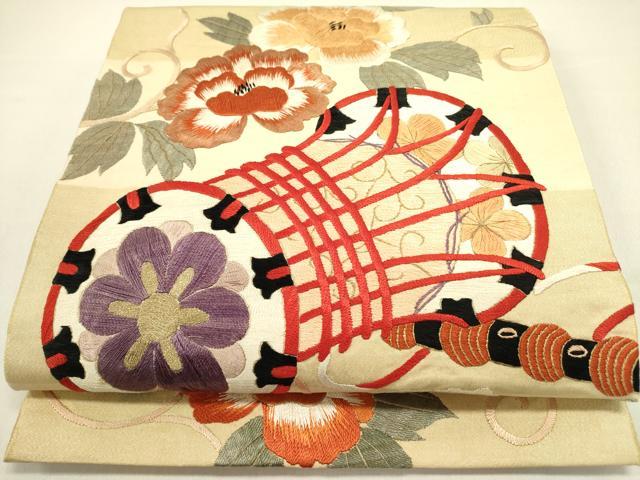 平和屋着物●アンティーク 大正ロマン 太鼓柄袋帯 総刺繍 鼓花文 金糸 正絹 逸品 DABD0882op