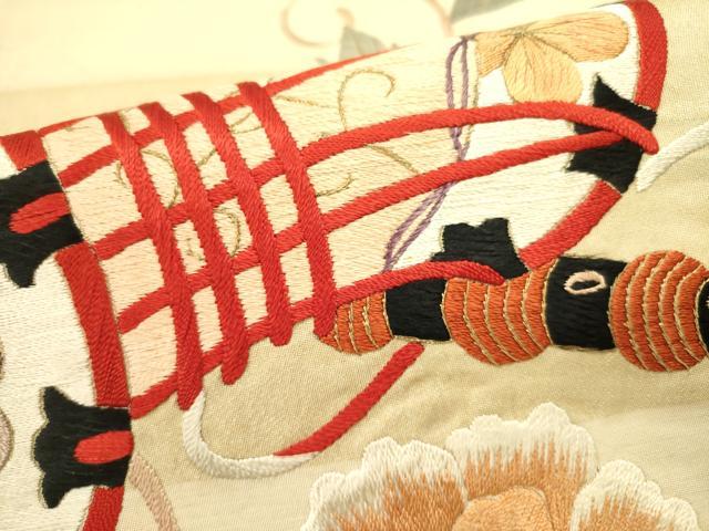 平和屋着物●アンティーク 大正ロマン 太鼓柄袋帯 総刺繍 鼓花文 金糸 正絹 逸品 DABD0882op