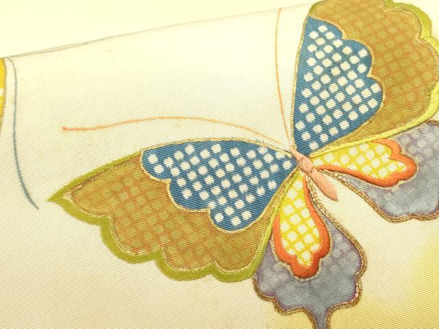 平和屋着物●アンティーク 大正ロマン 九寸開き名古屋帯 駒刺繍 舞蝶文 金彩 正絹 逸品 DABD0885op