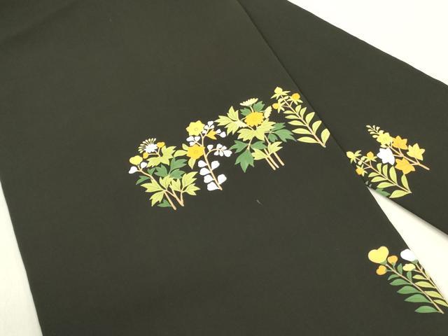 平和屋着物●創作 塩瀬 九寸名古屋帯 草花 黒地 正絹 逸品 DABD0890op