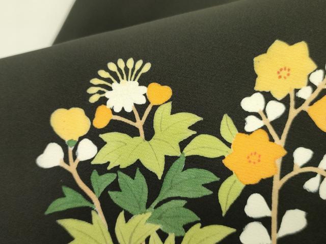 平和屋着物●創作 塩瀬 九寸名古屋帯 草花 黒地 正絹 逸品 DABD0890op