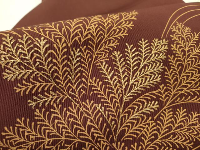 平和屋着物●塩瀬 九寸名古屋帯 刺繍 草葉文 金糸 正絹 逸品 DABD0892op